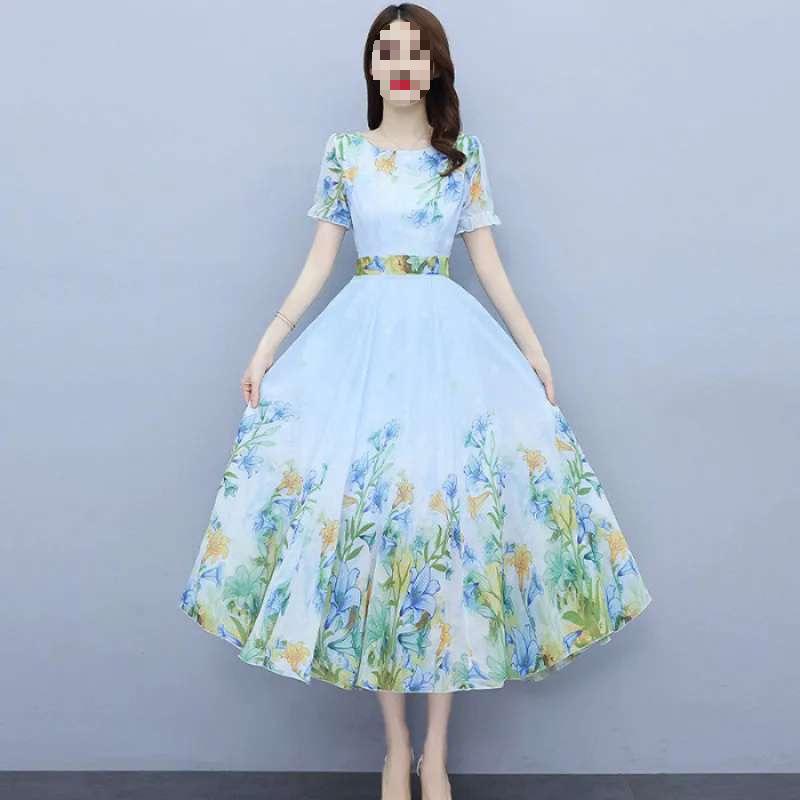 Women's Short-Sleeve Elegant Floral Chiffon Dress, Summer 2026, Round Neck, Tall Slimming Fit, Wide Hem Long Skirt