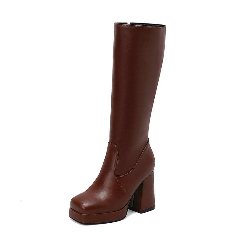 Wasserdichte Tischplatte Dicke Ferse Superhoher Absatz Damen High Boots Quadratische Spitze Seitlicher Reißverschluss Damen Aber Kniestiefel Kniehoch Martin Damenstiefel