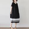 Real Summer New Korean Version Large Size Loose Splicing Striped Cotton and Linen Short-sleeved Dress Women's Clothing Medium and Long