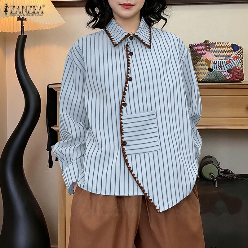 ZANZEA Women Stripe Print Loose Casual Long Sleeve Blouse