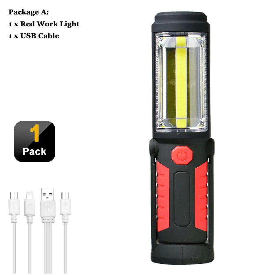 USB Rechargeable COB LED Flashlight Portable Work Light Magnetic Hook Torch Camping Lamp with Built-in Battery Car Repair Lamp