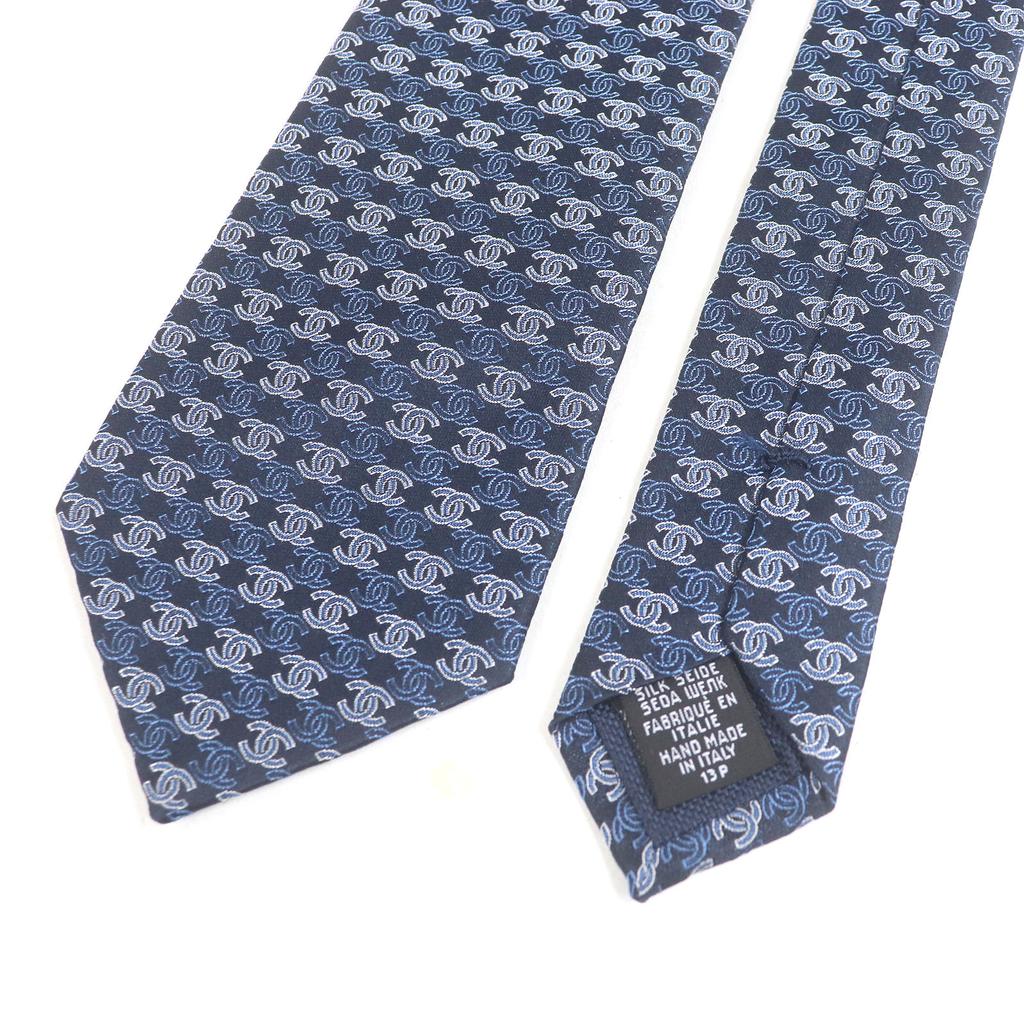 Excellent CHANEL Tie COCO Mark All-over Print Wide Tie Navy Silk Mens Used