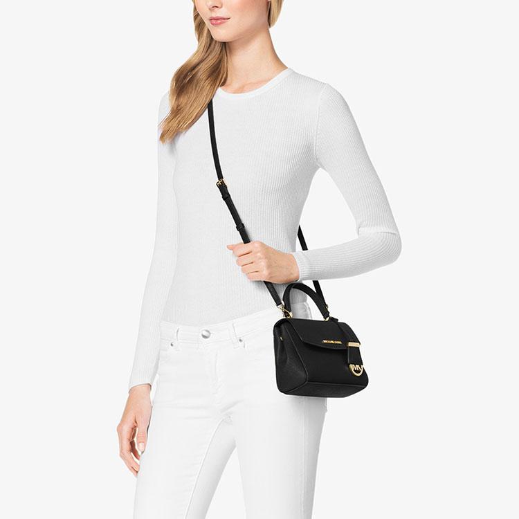 Michael Kors Mk Ava Vintage Zlaté Logo Detailní Bohatá Hovězí Kůže Ramenní Crossbody Tote Taška Dámské Kabelky Černá 32F5GAVC1L-001