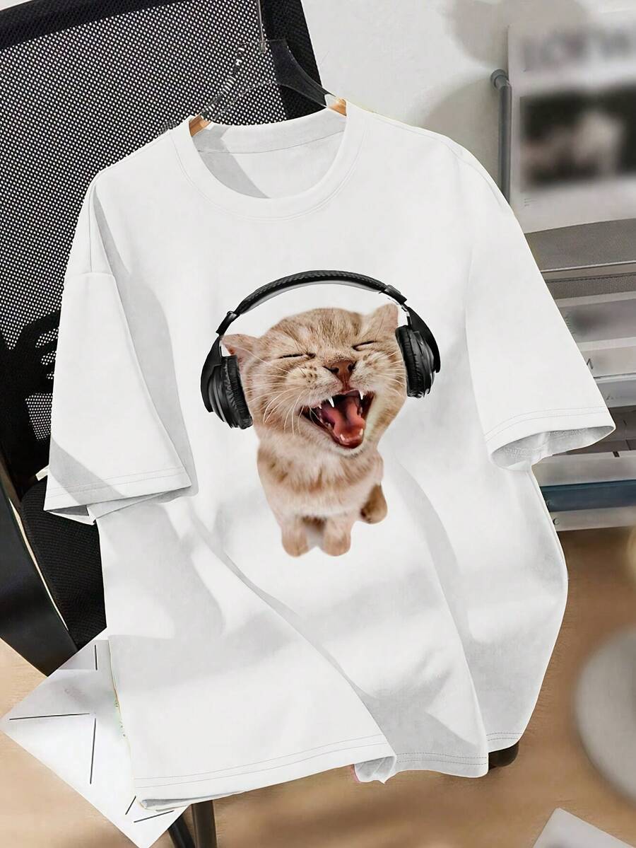 

Unisex s Funny Cat With Headphones T-Shirt, Casual Crew Neck Short Sleeve Tee M