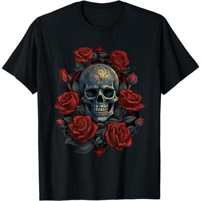 Figurerad Rose Skelett Skalle Hand Röd Blomma Rose T-shirt, Nyhet T-shirt Söt T-shirt
