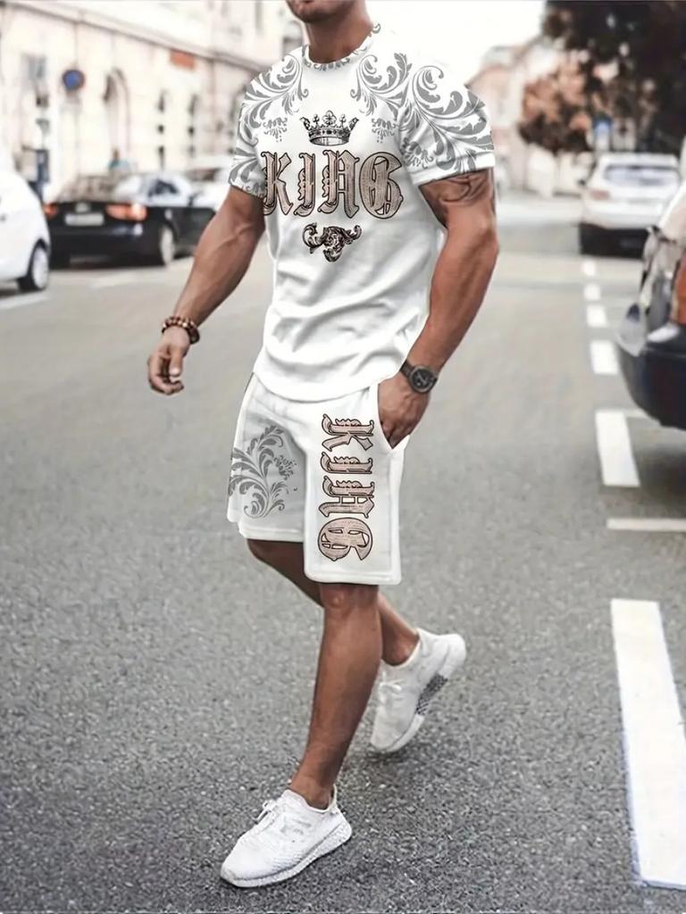 Summer 2 Piece Outfit Male 3D Color Block Print Short Sleeve T-Shirt ShortsSets Outdoor Men's Clothing Tracksuit