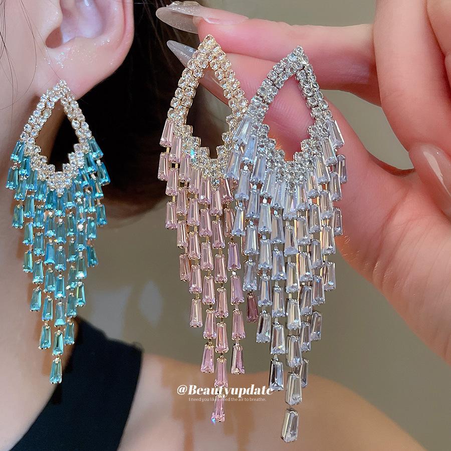Silver Needle Zircon Geometric Tassel Earrings - Luxury Court Style Fashion Jewelry