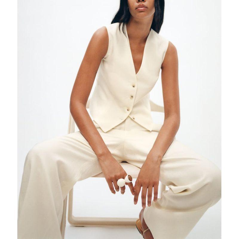 Spring New Two-Piece Suit Linen Vest 8008967 Linen Blend High Waist Flared Pants 8043967