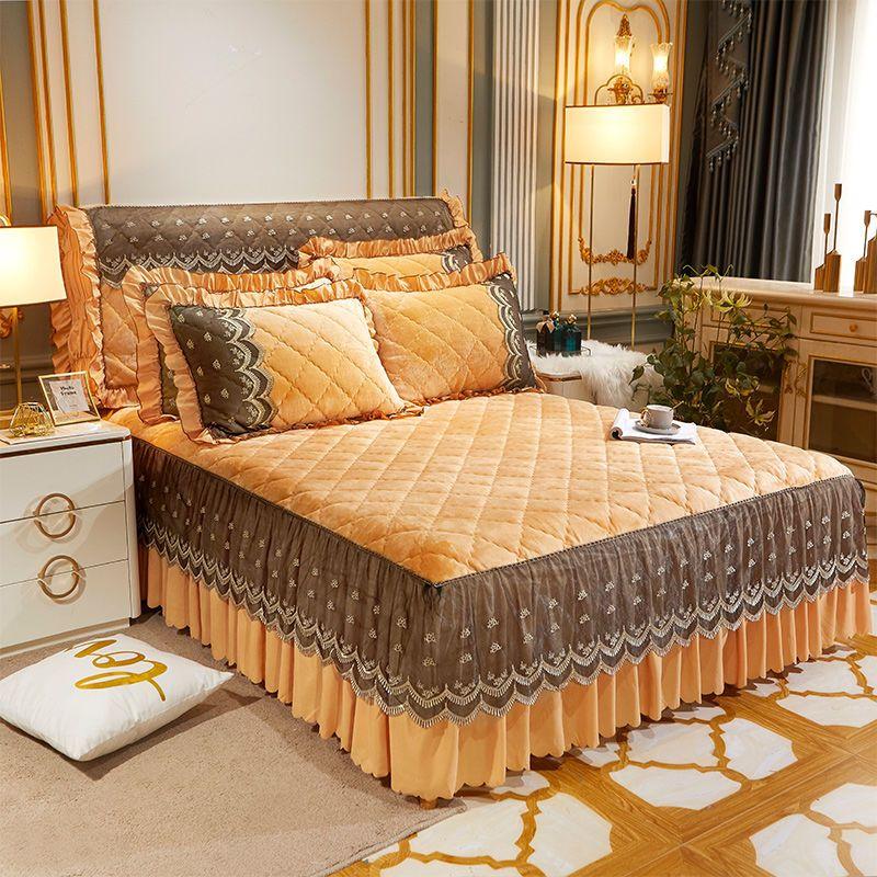 Luxuriöser, schnell warmer Samt-Bettrock für den Winter, superweicher, dicker, gesteppter Flanell-Tagesüberwurf, rutschfeste Bettdecke, nicht im Lieferumfang enthalten. Kissenbezug