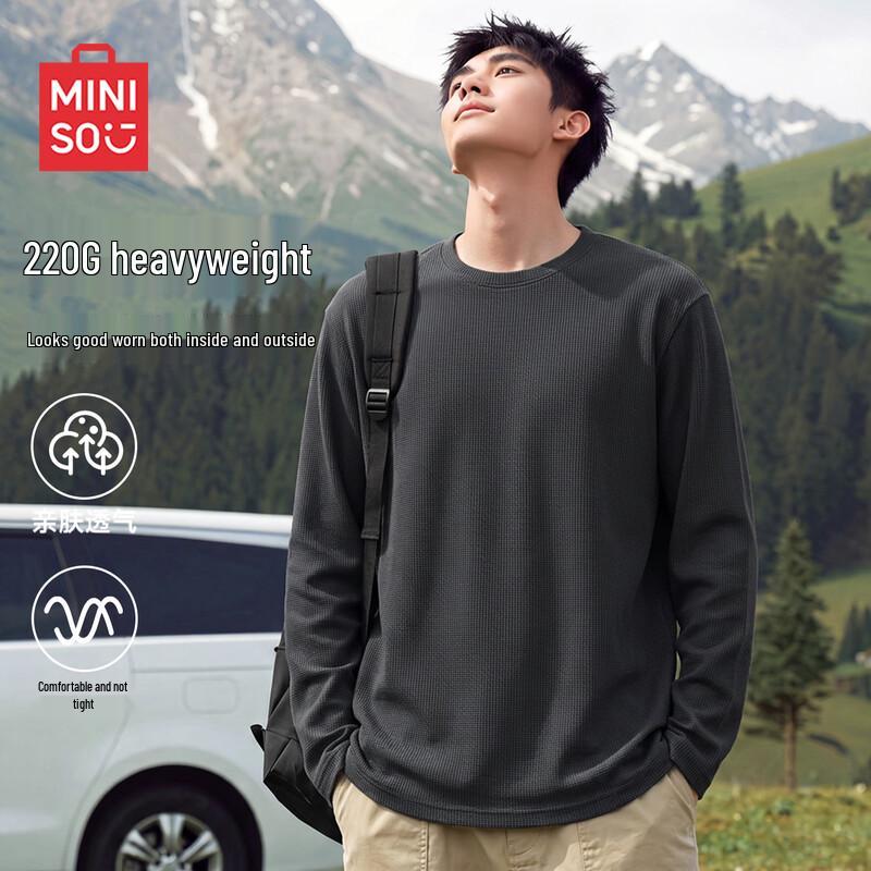 MINISO Men's Relaxed Fit Waffle Knit Long Sleeve Tee