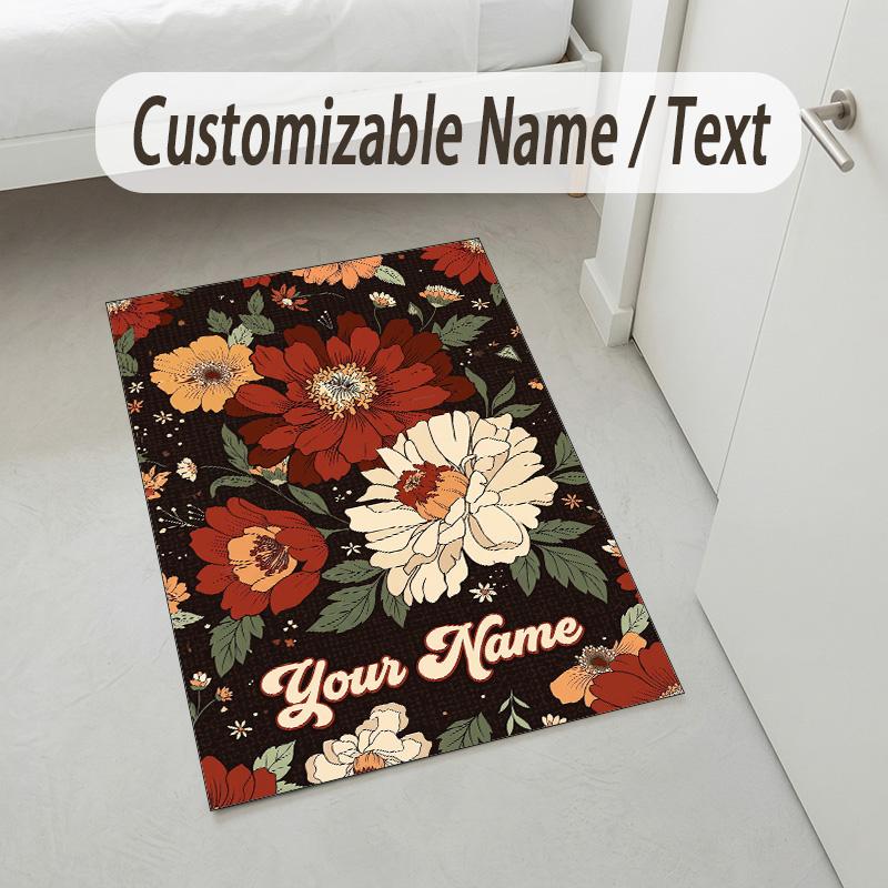 Floral Garden Theme Crystal Velvet Rug Personalized Custom Name Text Soft Floor Mat Home Decor