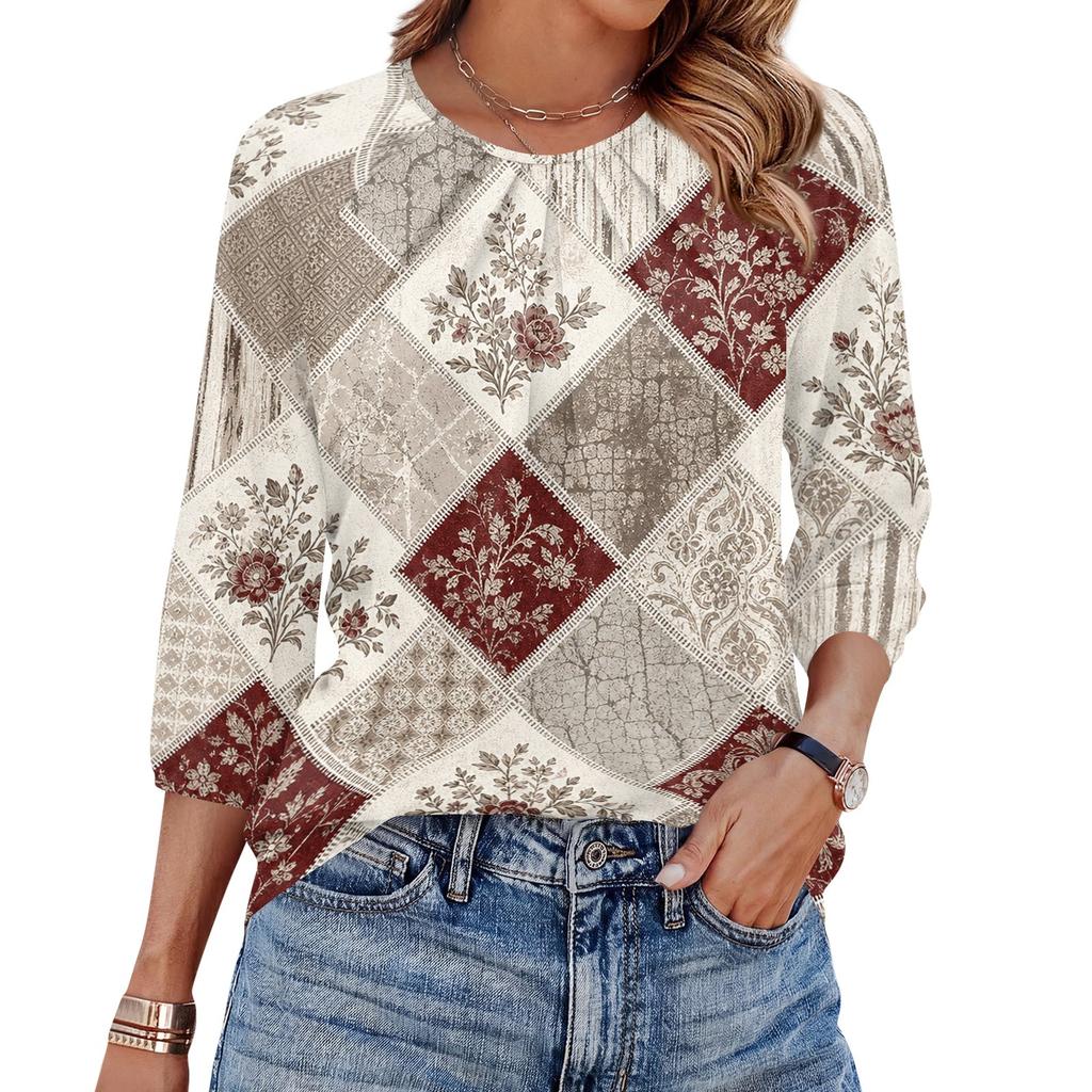 Women Floral Print 3/4 Sleeve Round Neck Pleated Casual Blouse Top Lightweight Comfortable Fit