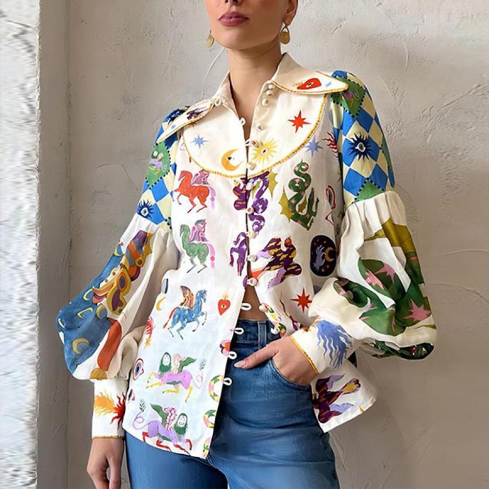 Women's Loose Graffiti Print Turn-Down Collar Lantern Long Sleeve Spring Cardigan Shirt