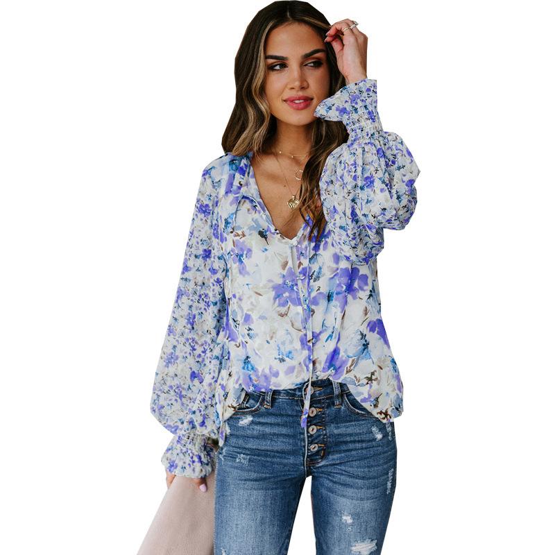 women's Ruffled V Neck Floral Printed Puff Long Sleeve Blouse Casual Loose Fit Shirt Top