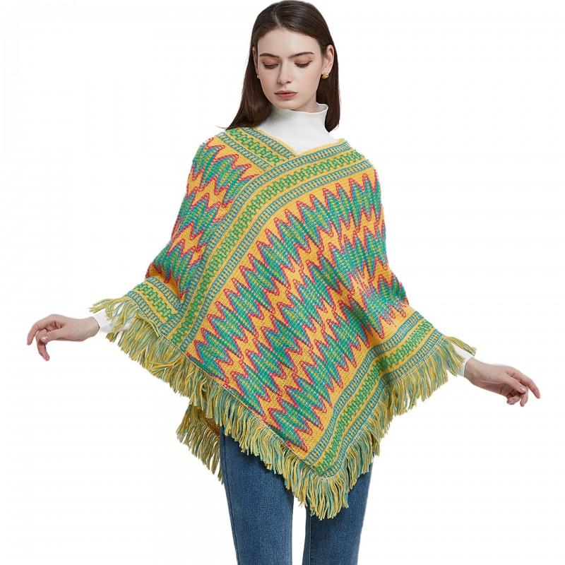 Poncho a maglia stile etnico da donna con nappe, caldo, invernale, con cappuccio, mantello, cardigan