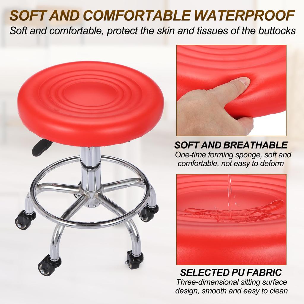 PATIKIL Rolling Desk Stool with PU Leather Round Rolling Desk Stool for Beauty and Office Red Height-Adjustable Casters, Tattoo, Massage, Salon, Spa,