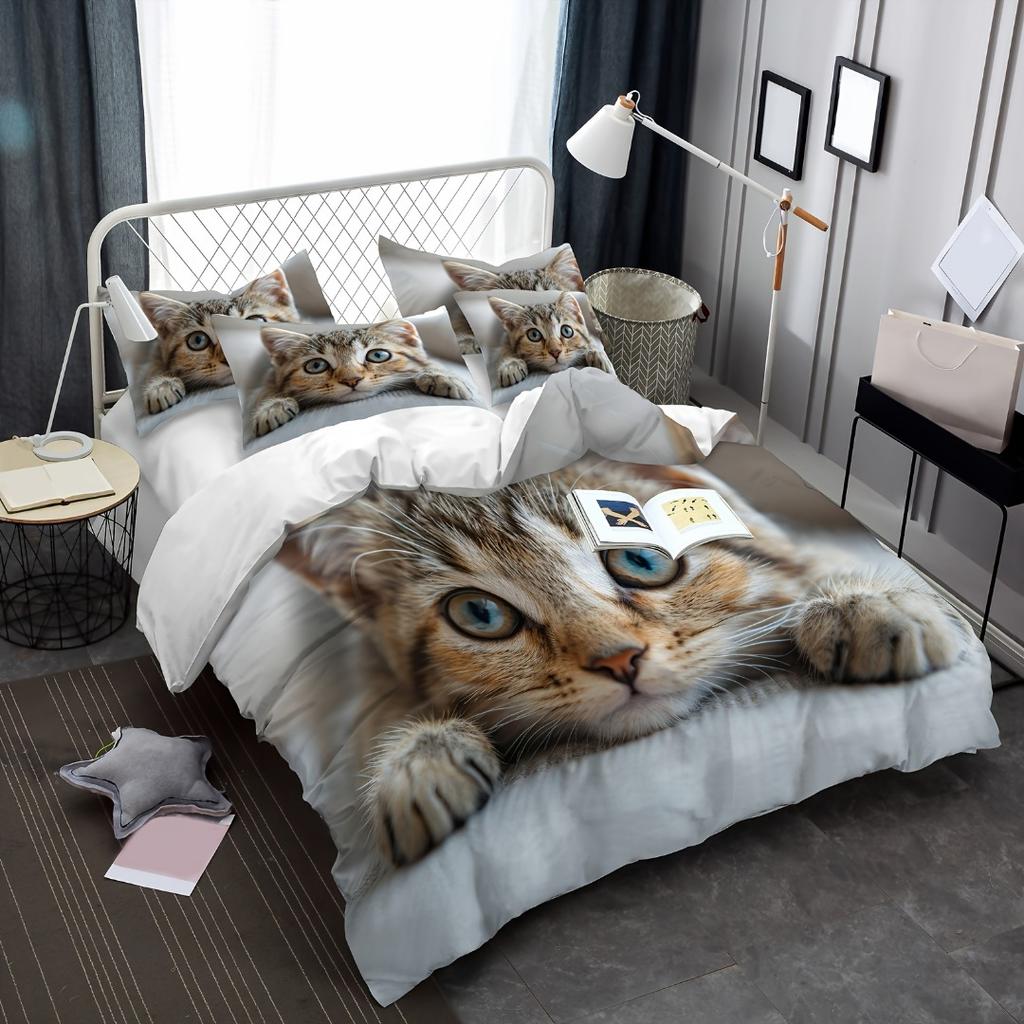 3pcs Lovely Cat 3D Printed Bedding Set Comfortable Breathable Duvet Cover King Queen Twin Single Size Bithday Gift Bedroom Decor