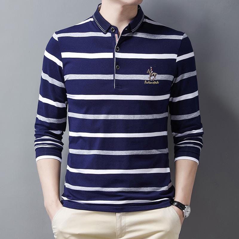 Cotton Striped Shirt Middle -Aged Men 'S Long -Sleeved T -Shirt Middle -Aged Men 'S T -Shirt