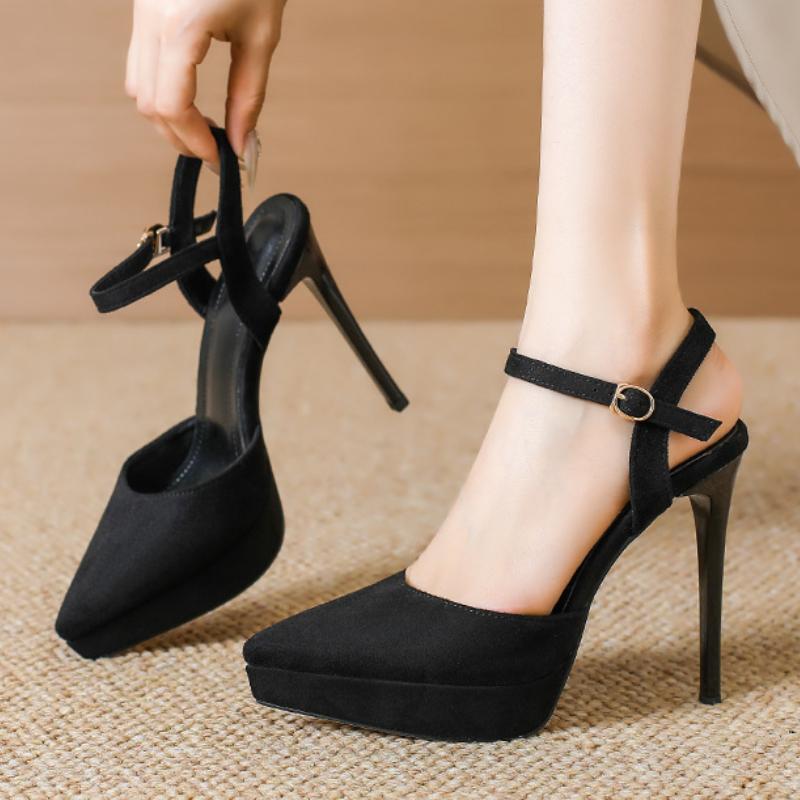Fashion Suede Leather 12cm High Heels Thin Heel Pointed Toe Mid Hollow Slingbacks Shoes Womens Waterproof Platform Party Prom Shoes