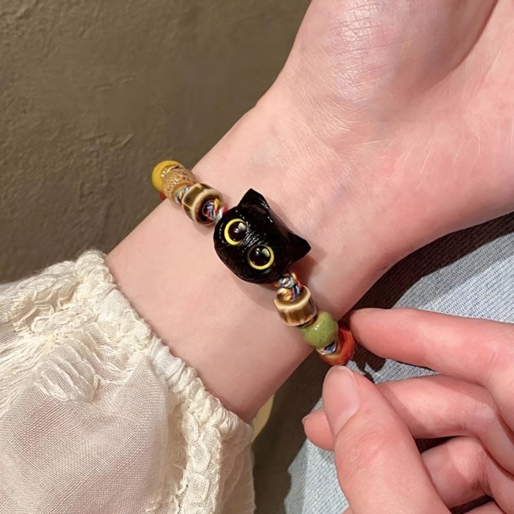 1 cute big eyed black cat pendant bead bracelet with colorful beads, a holiday gift for ladies
