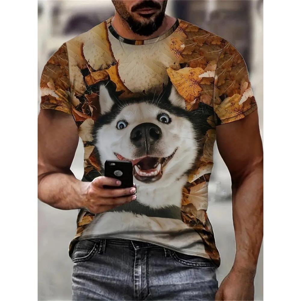 Men's Husky Print T-Shirt Casual Short Sleeve Breathable Round Neck Tshirts For Men Funny Animal Dog Graphic T Shirts Tops