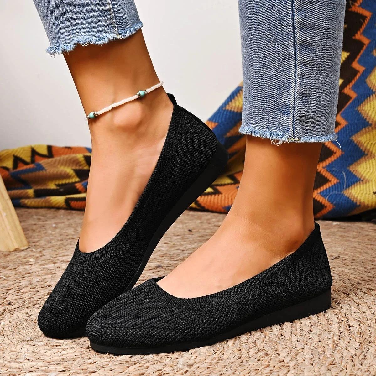 Ethos Shoes Dames Flats Casual Slip-on Lage Schoenen Comfortabele Gebreide Ballerina Schoenen Ronde Neus Kantoor Boot Schoenen Trend Plus Size Loafers 41 zwart