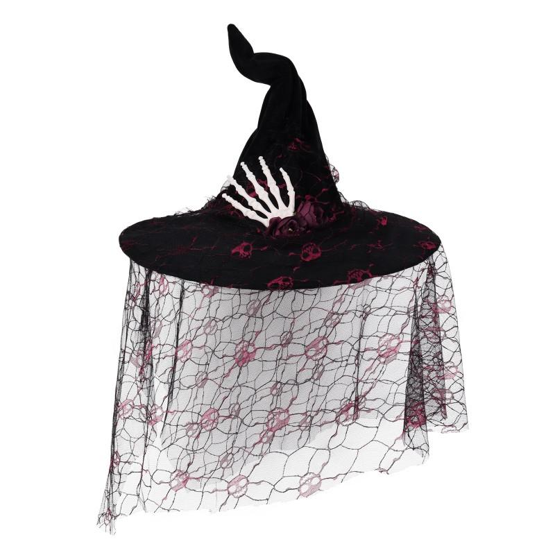 Vintage Witch Hat With Veil Skull Hand Decor Halloween Party Cosplay Costume Accessory