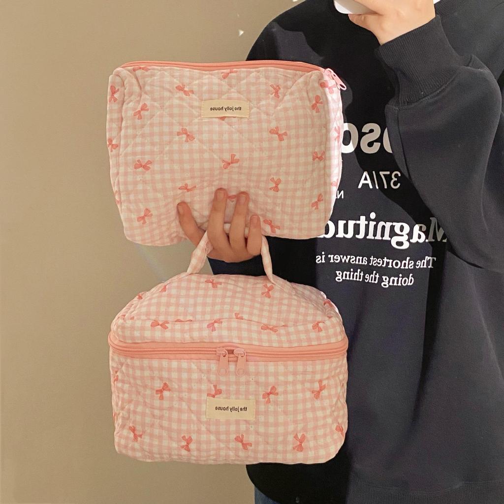 Girly Plaid Bow Makeup Bag - Large Capacity & Portable Handbag for Skincare Storage