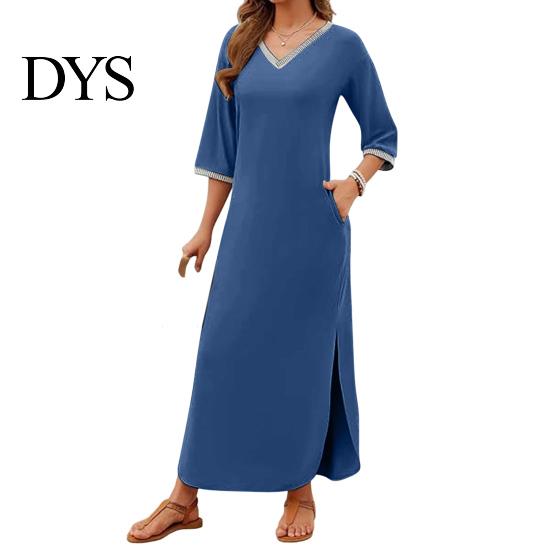 Casual Dress Women Maxi with Side Pockets V Neck 3/4 Sleeves Loose Slit Hem Solid Color Patchwork Pullover Beach