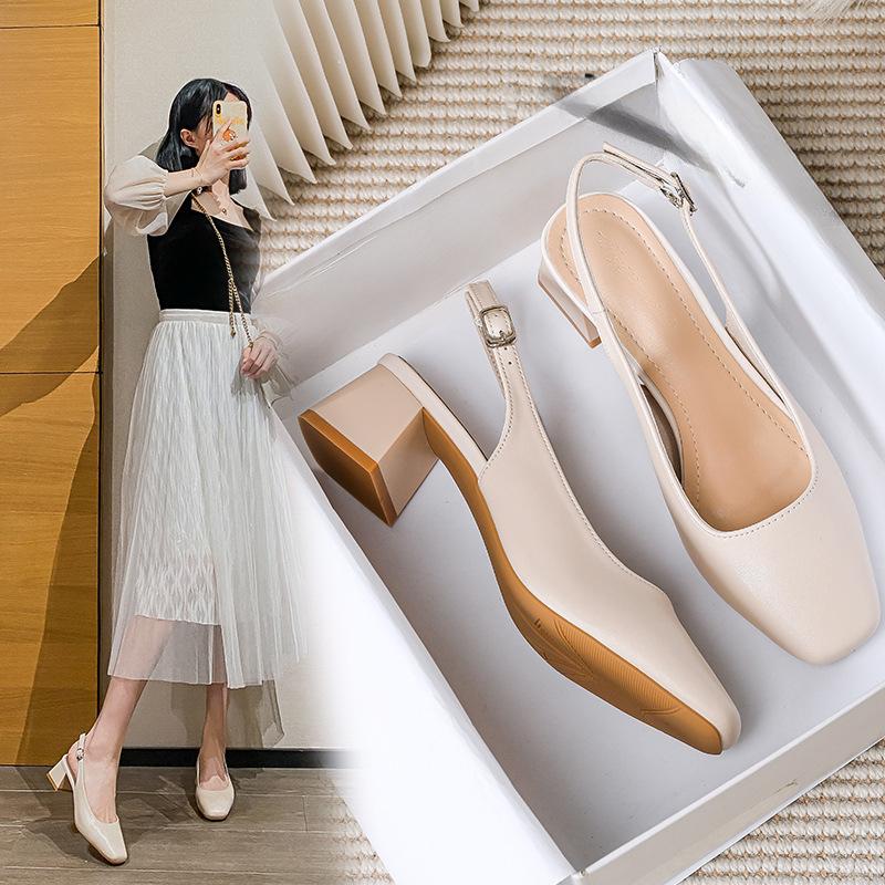 Sandales Baotou françaises à talons hauts et mi-épais pour femme, chaussures d'été à bouche peu profonde et large, nouvelle collection 2024