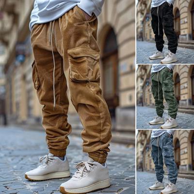 Men Cargo Pants Ankle-banded Drawstring Elastic Waist Loose Solid Color Sweatpants with Pockets Retro Style Windproof Ankle Length Trousers