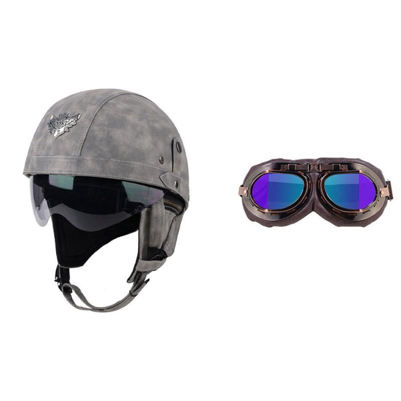 Retro Open Face Motorcycle Helmet Leather Cruiser Scooter Adult