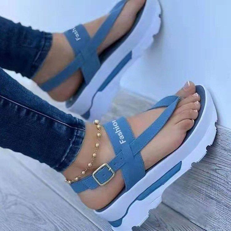 

New summer small fresh women s toe thick sole heightening solid color buckle Velcro sandals 43 світло-синій колір
