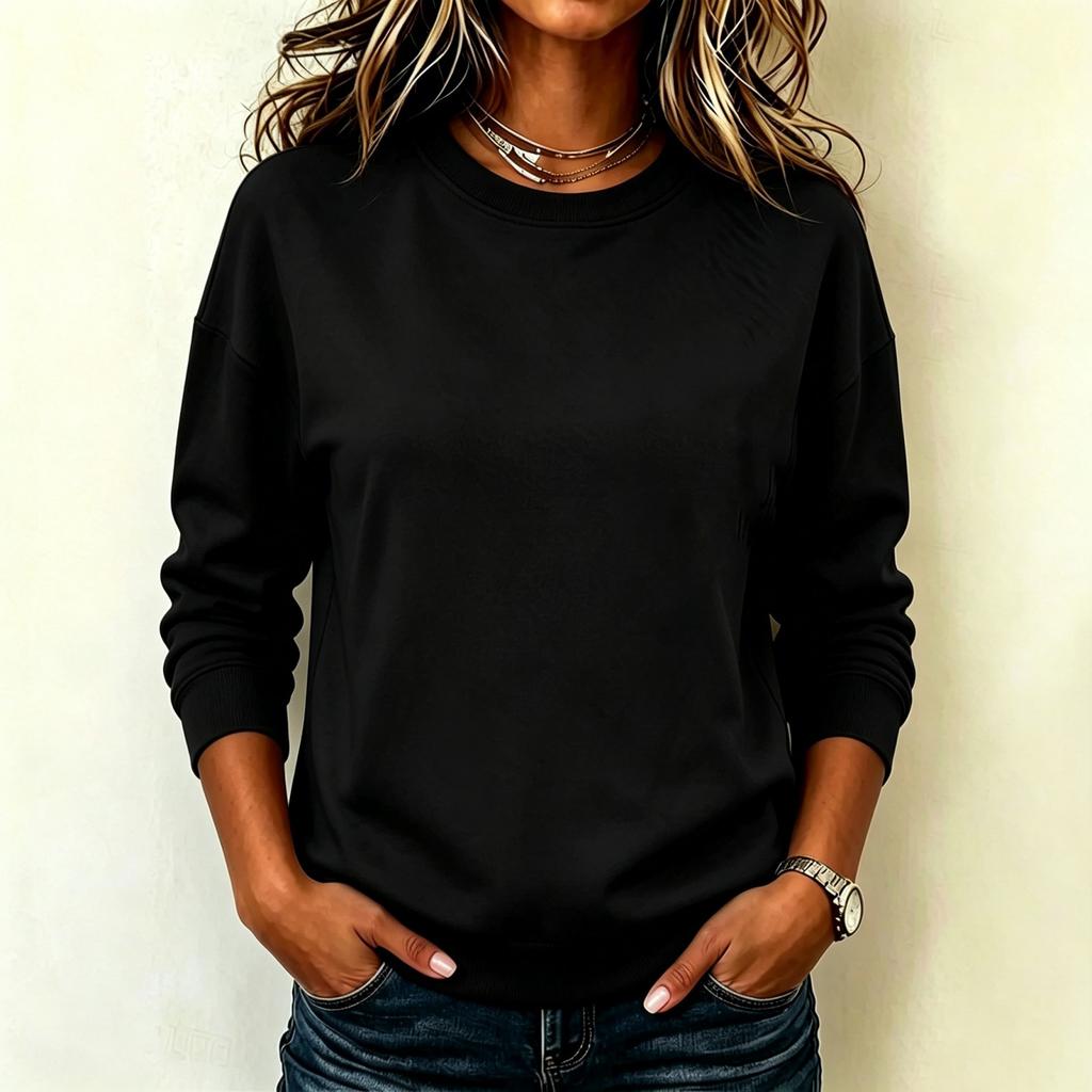 Women's Fashion Long Sleeve Pullover Sweatshirt Crew Neck Solid Color Casual Lightweight Soft Fabric Top for Everyday Wear