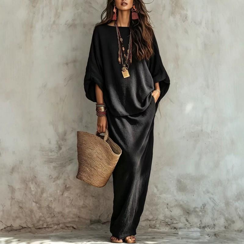 2026 Womens Loose Fit Solid Color Two-Piece Set T-Shirt Midi Skirt Casual Outfit