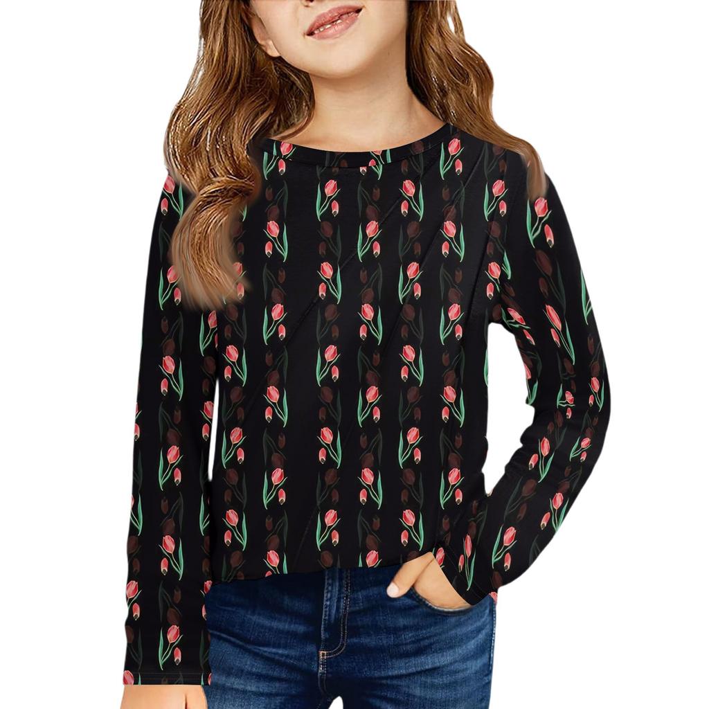 Girls' Long Sleeve Tee - Pleated Round Neck Casual Top