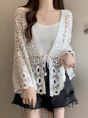 Summer Shawl, Women's Lace Blouse Holiday Sun Top Openwork Lightweight Short,Sleeved Cardigan Sleeve Outerwear