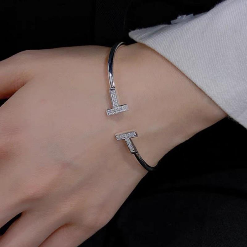 Women's Electroplated Double T Bracelet with CZ Diamonds Flexible Bracelet Delicate Gold Cuff Bracelet