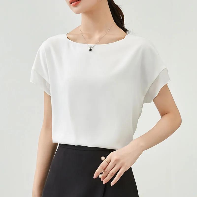 Temperamentní šifonová košile pro ženy letní tenký top s krátkým rukávem šitý rukáv pulovrová halenka jednobarevná volná ležérní univerzální halenky top