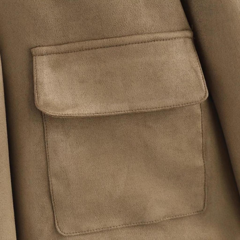 Women's Suede Pocket Jacket with Turn-Down Collar - 2024 Autumn Casual European & American Style
