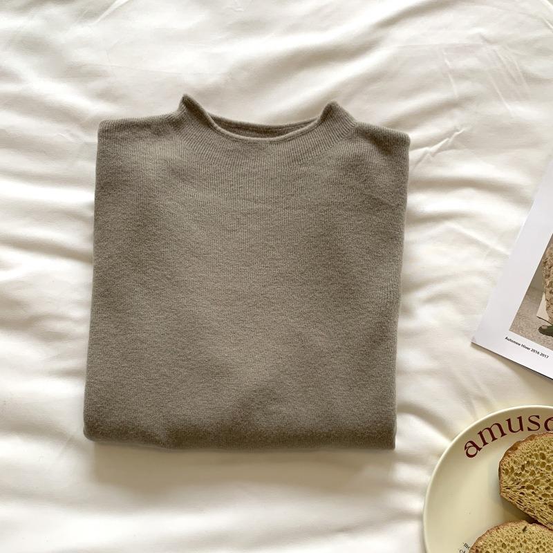 Spring soft waxy milk yellow knitted bottoming shirt women's simple solid color top small stand-up collar inner sweater