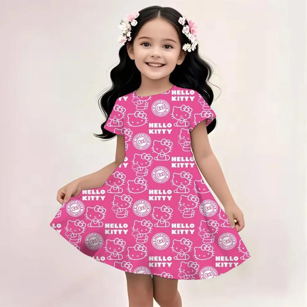Sanrio New Summer Girls Dress Hello Kitty 3D Printed Fashionable Cartoon Cute Princess Girls Clothes Skirt Party Boys Kitty Cat