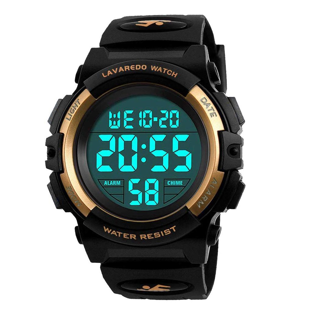 Klokke Gutter Digital Gutter Sportsklokke Utendørs Multifunksjonell 50m Vanntett Varsling Dato Dag Visning Dobbel LED Analog Display Barne (Gull)