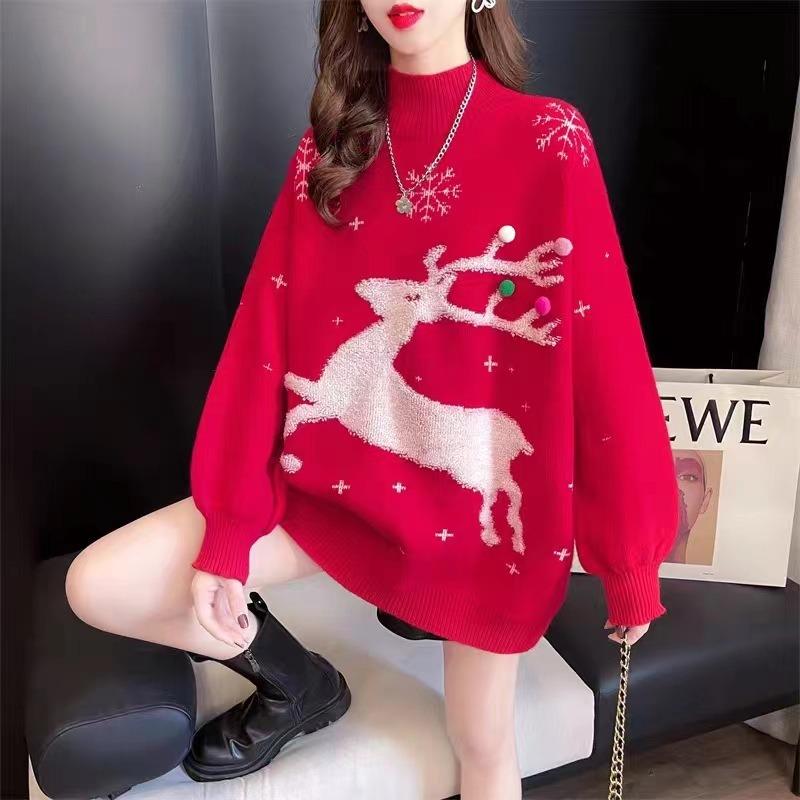 Red Autumn and Winter Knitted New Women's Clothing Deer Jacquard Knitted Sweater Crew Neck Pullover Color Matching Top