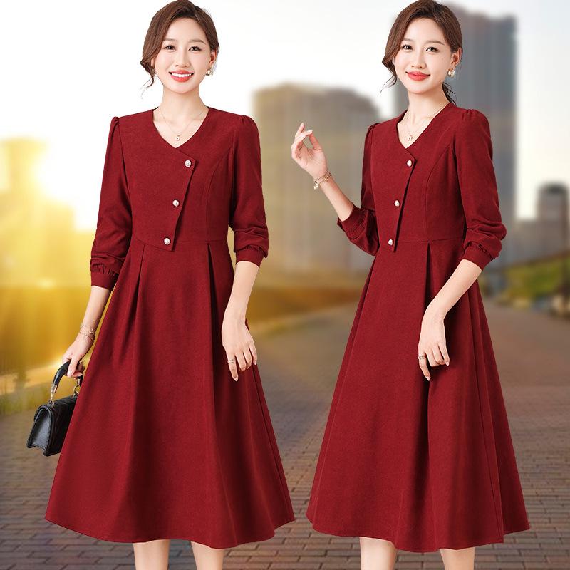 

Women s Retro V-Neck Long Sleeve Slim Dress - 2025 Spring/Autumn Collection 2XL червоний