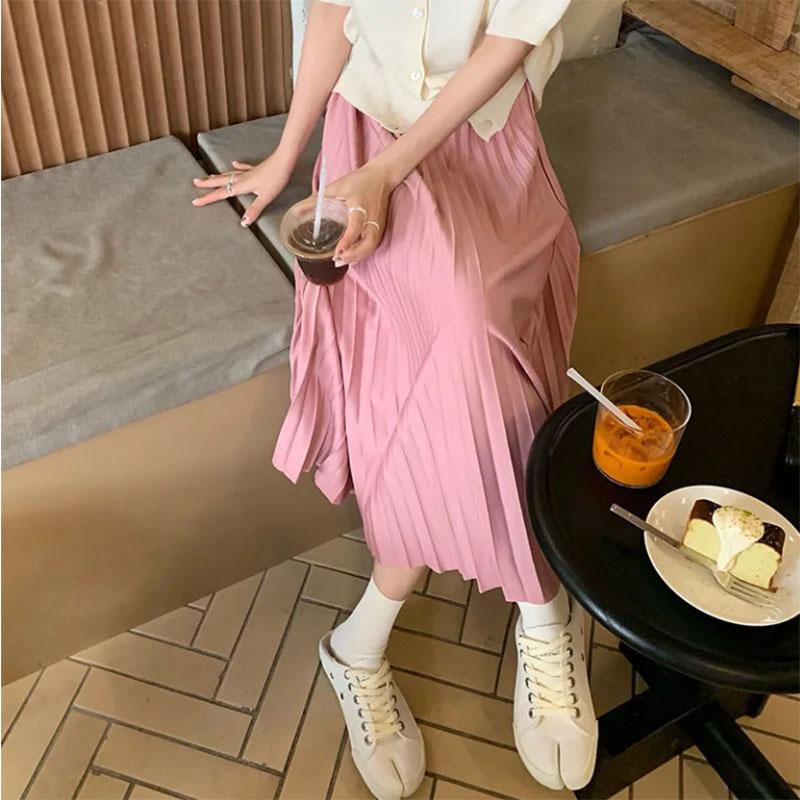High Waist Thin Section Thin Drape Feeling Small Medium Length A Word Crinkle Skirt Chiffon Through Pleated Half Body Skirts
