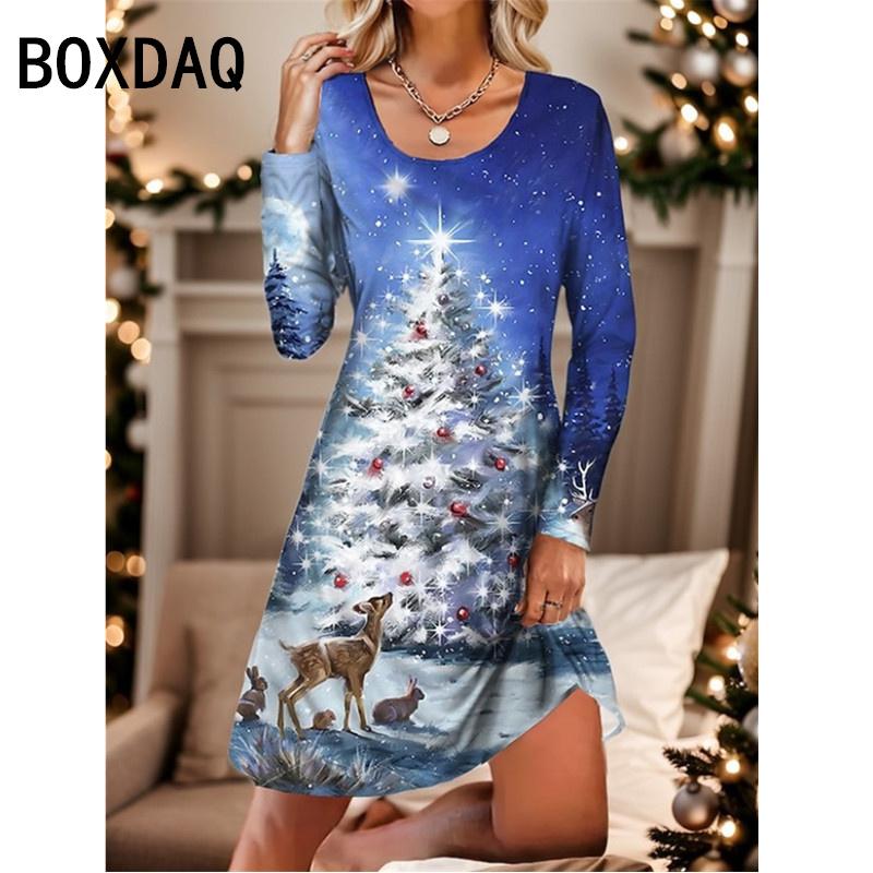 3D Colorful Christmas Tree Pattern Print Dress Women Winter New Year Full Dress Big Size Long Sleeve O-Neck Casual A-Line Dress