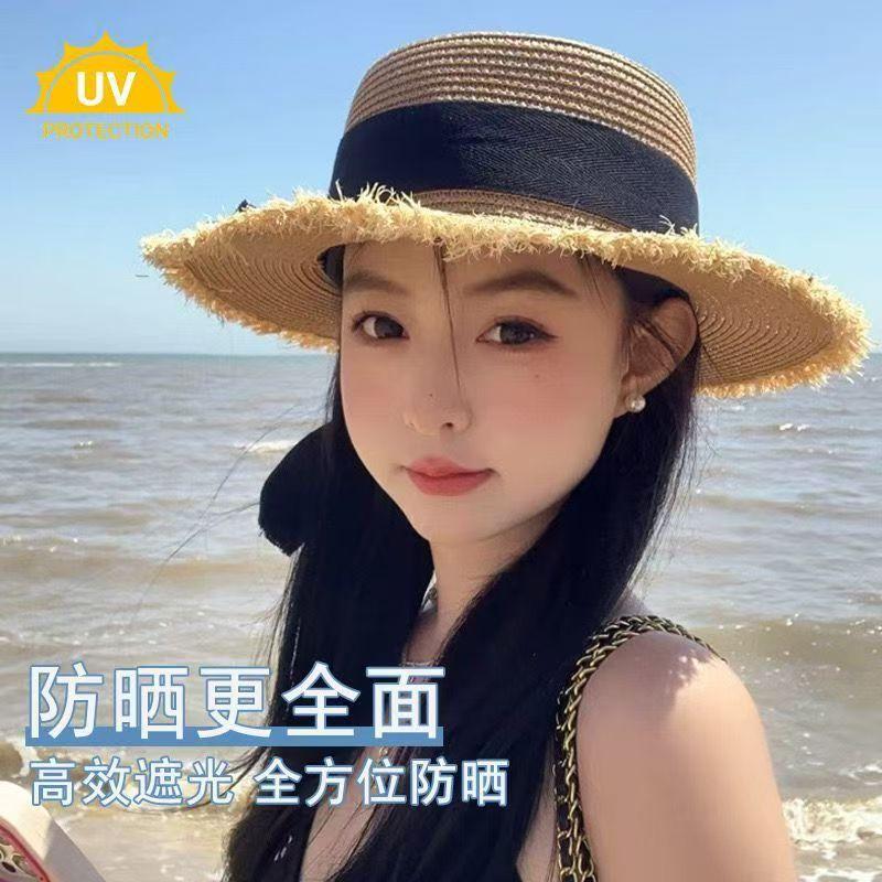 Straw hat seaside beach summer sun hat bow flat top hat sun hat rough edge vacation shade sun protection