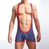 Erkekler Amerikan Bayrağı Bodysuit Slim Fit Yıldız Çizgili Baskı güreş atleti Jockstrap Seksi Askı Racerback Leotard