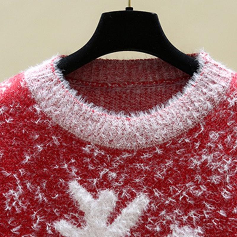 Women's Faux Mink Velvet Reindeer Christmas Sweater: European & American 2021 Autumn/Winter Round Neck Knitwear